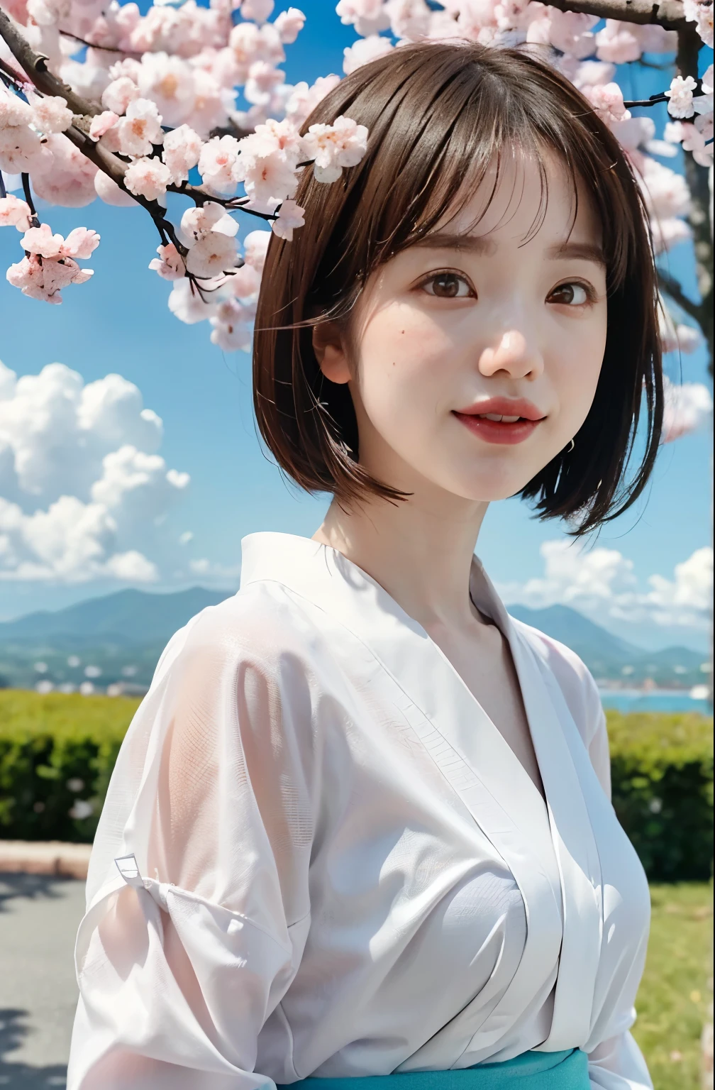 high quality,8k,High resolution,(Realistic:1.37),(Very detailed),(最high quality,4K),(masterpiece:1.2),wallpaper,Awareness-raising,personal,Japanese ,Short black straight hair,Perfect Skin,Beautiful and delicate eyes,Attractive delicate lips,cheeks turn a little red,fine long eyelashes,Soft daylight lighting,(Sharp focus),Soft refraction of sunlight,(Vibrant colors),(Studio Lighting),slight sweat,(Japan kimono),(Blue sky and white clouds),(Long eyebrows),(Large Eyes),(An innocent smile),(Confident posture),(clear&white),(Pink skin),(Thin fingers),(Soft Makeup),(Chest hold position),(Good clothes),(Pearl Necklace),(rich background),(Natural scenery),(絵のように美Shii scenes),(sunset),(Cherry Blossom),(Traditional Culture),(grace),(A sophisticated face),(Breeze),(Fairyland on Earth),(絵のように美Shii),(like々Shii),(There is a smile on his face),(Bright Eyes),(Laugh brightly),(Charming Bag),(likeくて美Shii),(Close-up of the shooting angle),(Soft and feminine)