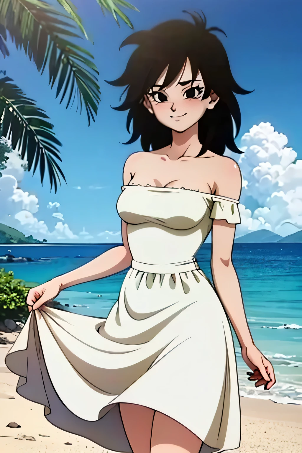 anime screencap, masterpiece, best quality, highres, outdoors, small breasts, gine, spiky black hair, 1 girl, Solo, Black Eyes, Good hands are down, Smile, Blushing, Bare Neck, Bare Shoulders, White Dress, Strapless White Dress, Lace Off-shoulder top, Ruffle Off-the-Shoulder Top, Long Skirt. Cowboy shot. A landscape of the beach, sea, blue skies, sand beach. In the center. Walking on the beach with bare feets. Far from the bottom, looking at viewers