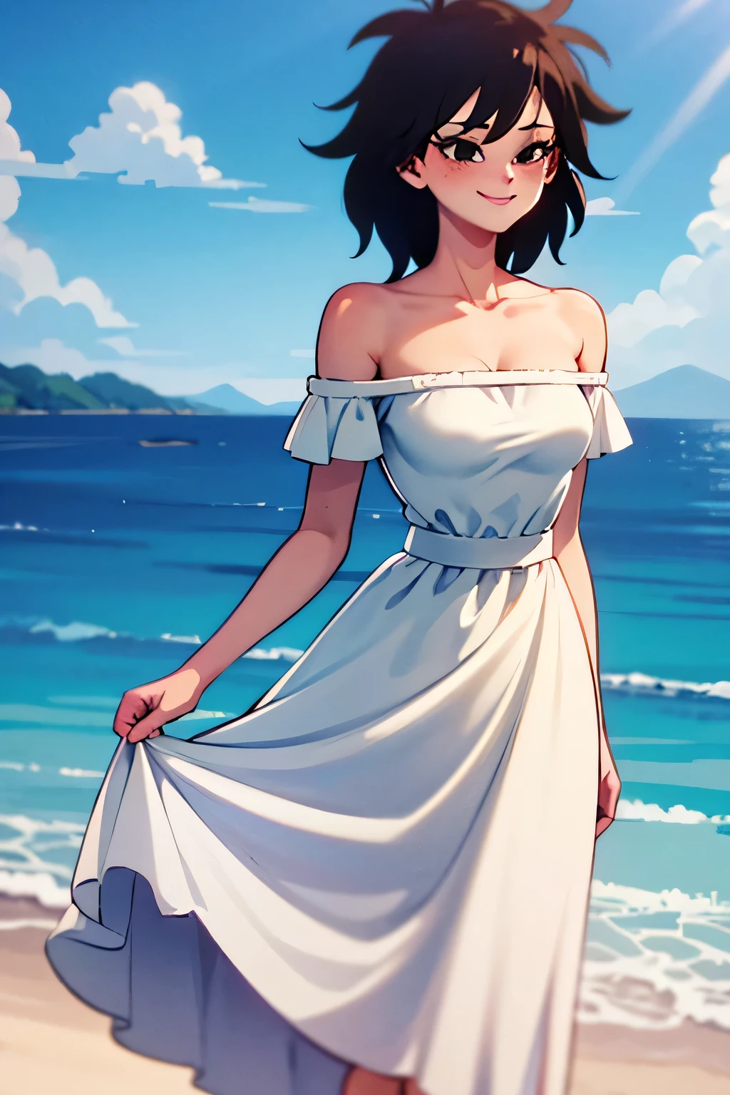 anime screencap, masterpiece, best quality, highres, outdoors, small breasts, gine, spiky black hair, 1 girl, Solo, Black Eyes, Good hands are down, Smile, Blushing, Bare Neck, Bare Shoulders, White Dress, Strapless White Dress, Lace Off-shoulder top, Ruffle Off-the-Shoulder Top, Long Skirt. Cowboy shot. A landscape of the beach, sea, blue skies, sand beach. In the center. Walking on the beach with bare feets. Far from the bottom, looking at viewers