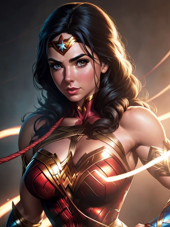 4k, comic babes, a close up of a woman in a costume holding a rope, lasso, wonder woman, Artgerm JSC, cables on her body, beautiful comic art, just a joke, portrait of wonder woman, portrait of modern darna, Detailed Artgerm, by Juan O&#39;Gorman, artgerm comics, Artgerm Style