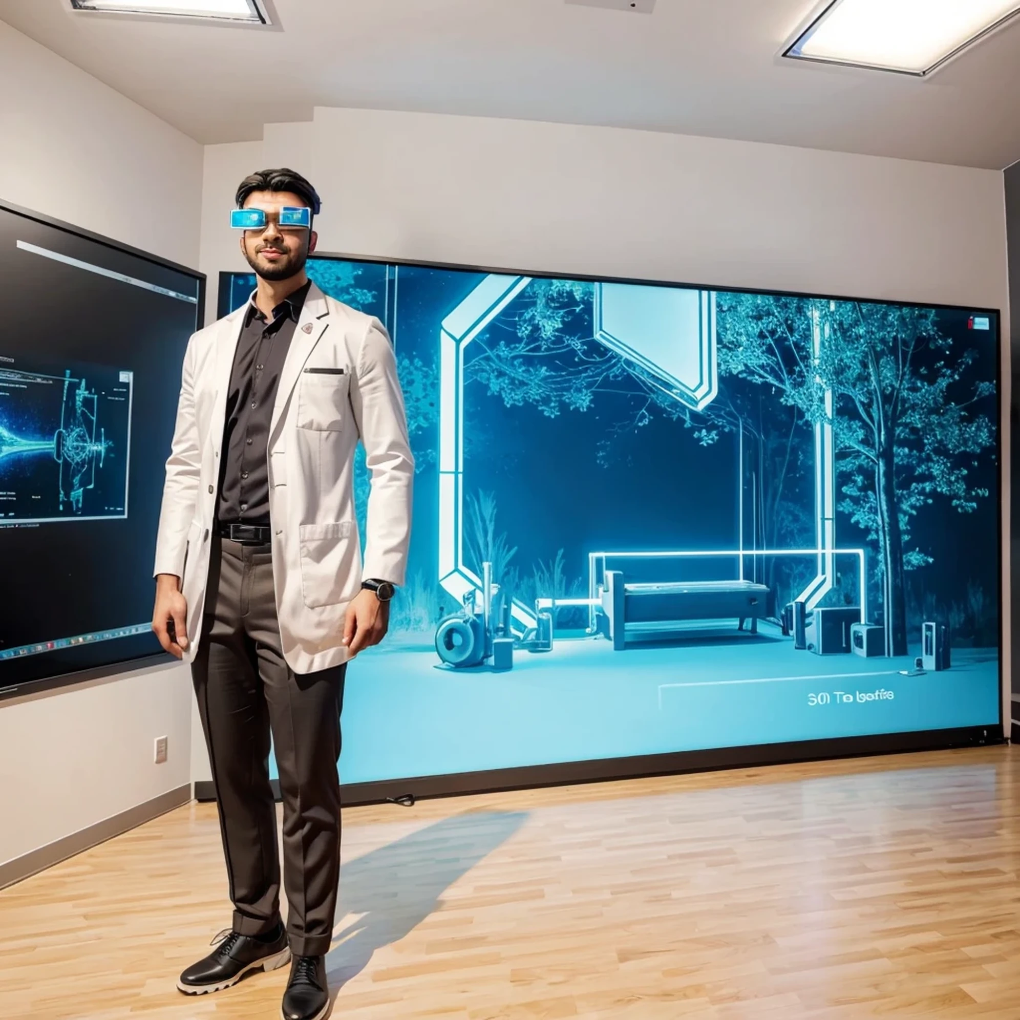 A cyborg teacher with a mechanical arm and a bionic eye, wearing a white lab coat and holding a holographic tablet, standing in front of an interactive digital whiteboard, where he shows complex graphics and formulas, while teaching a class of students with augmented reality headsets and smart bracelets, in a modern, lighted classroom, with windows that display a futuristic cityscape with skyscrapers and flying vehicles.
