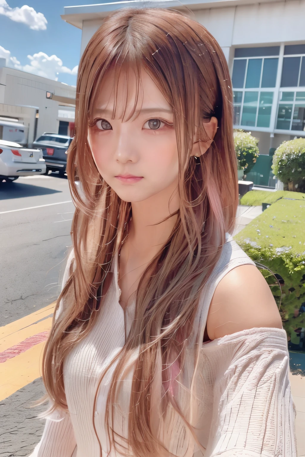 Hair color: Pink　model　woman　Long Hair　No sleeve　Pink clothes　diagonal　Selfie　diagonal上　Selfie　summer　