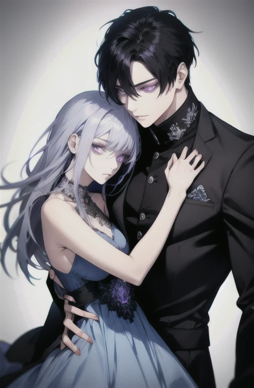 Woman with black hair and violet eyes, light blue dress, hugs a man with silver hair, high quality, highly detailed, detailed face