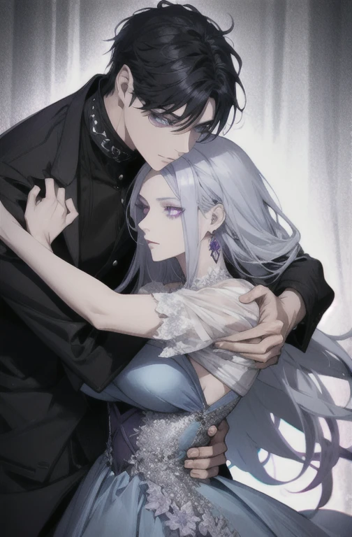 Woman with black hair and violet eyes, light blue dress, hugs a man with silver hair, high quality, highly detailed, detailed face
