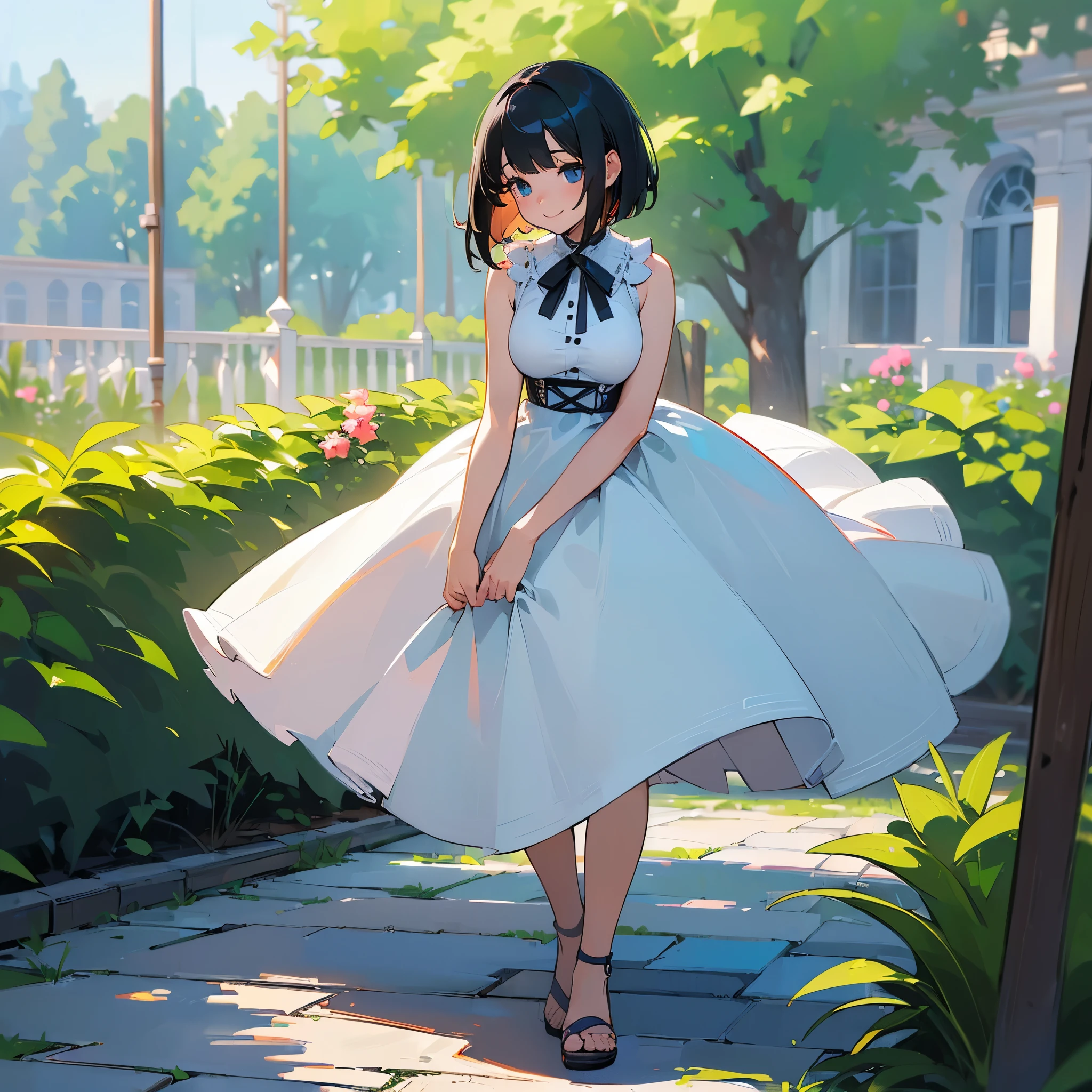 (high quality, High resolution, Very detailed, reality:1.37), Peaceful atmosphere, (Outdoor, garden), age girl standing alone, (my breasts are big.), Beautiful detail features, Cute Smile, (Black bob hair), White sleeveless dress, Sandals.