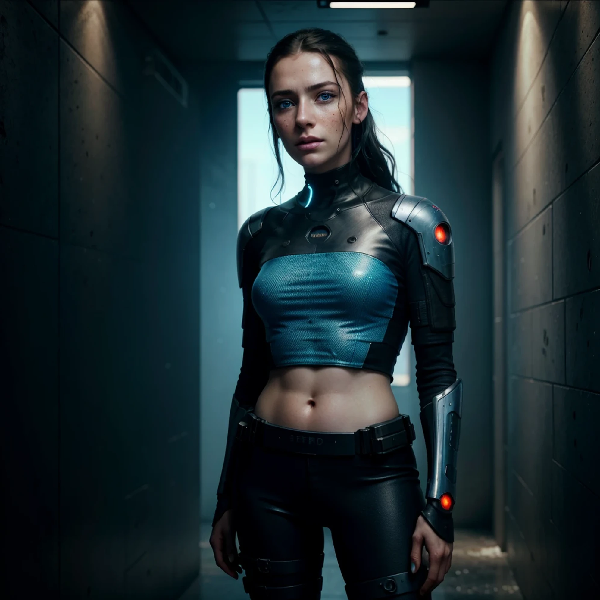 arafed woman with freckles and blue eyes standing in front of a wall, cinematic realistic portrait, 8k portrait render, realistic face moody lighting, cyberpunk art ultrarealistic 8k, hyper-realistic cyberpunk style, soft portrait shot 8 k, 8 k realistic digital art, cyberpunk style , hyperrealistic, realistic digital art 4k, realistic digital art 4 k