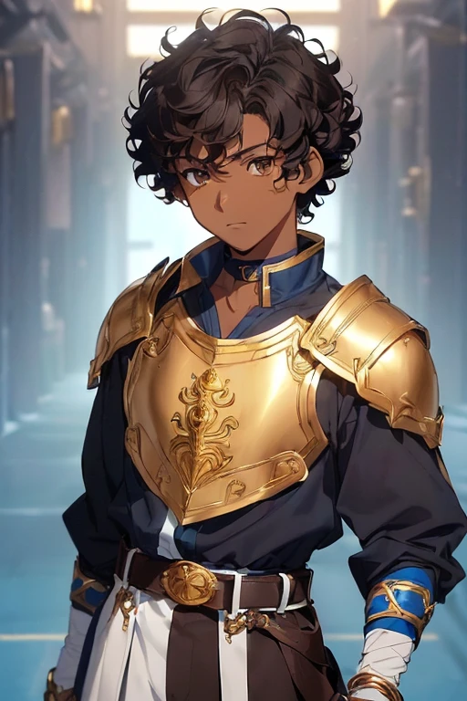 ((Boy1),(anime),(16 year old teenager),(tall height 1.78 straight),((Dark brown skin)),((short curly black hair)),((brown eyes)),((wearing an outfit consisting of a blue and white platform, a type of collar or breastplate that surrounds Her neck and her chest, and a gold bracelet, and a blue belt, a belt that complements the outfit))