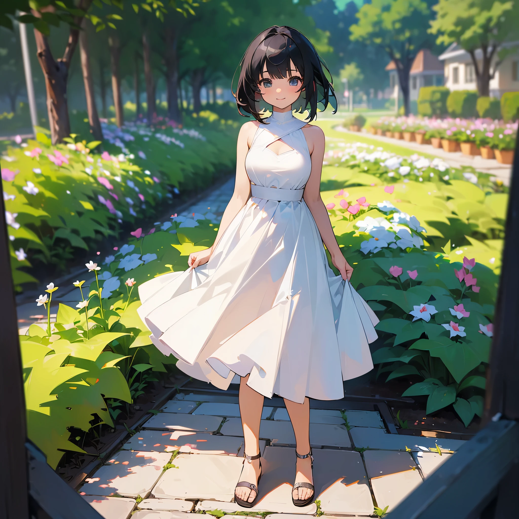 (high quality, High resolution, Very detailed, reality:1.37), Peaceful atmosphere, (Outdoor, garden), teenage girl standing alone, (my breasts are big.), Beautiful detail features, Cute Smile, (Black bob hair), White sleeveless dress, Sandals.