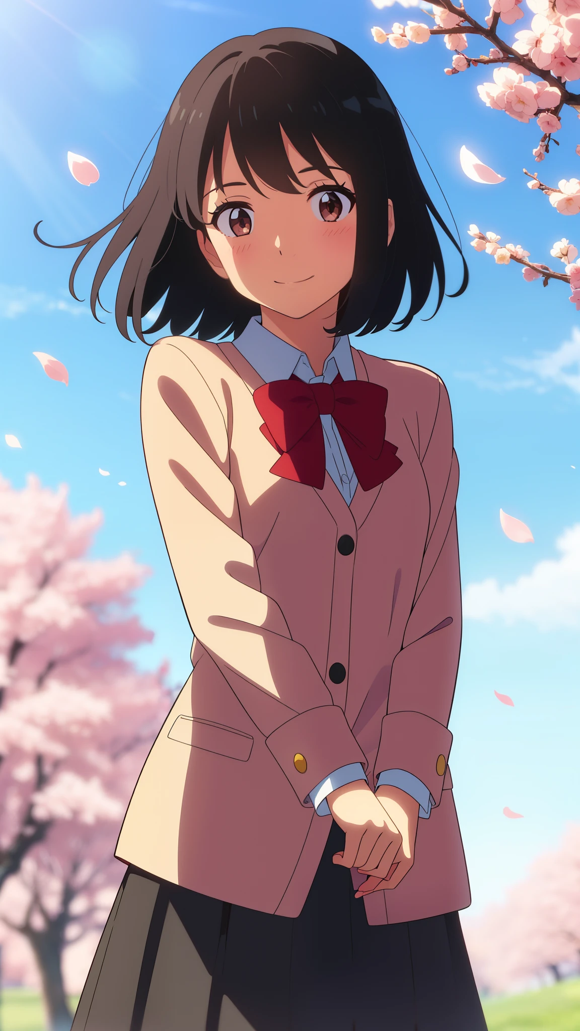 shinkai makoto, kimi no na wa., 1girl, bangs, black hair, blush, brown eyes, shiny skin, red headband, red bow, red ribbon, collared shirt, white shirt, black blazer, white skirt, short hair, smile, cute, solo, happy, beautiful, looking at the viewer, long sleeves, cherry_blossoms, falling_petals, petals, branch, pink_flower, blue_sky, sunlight, spring_season, wind, tree