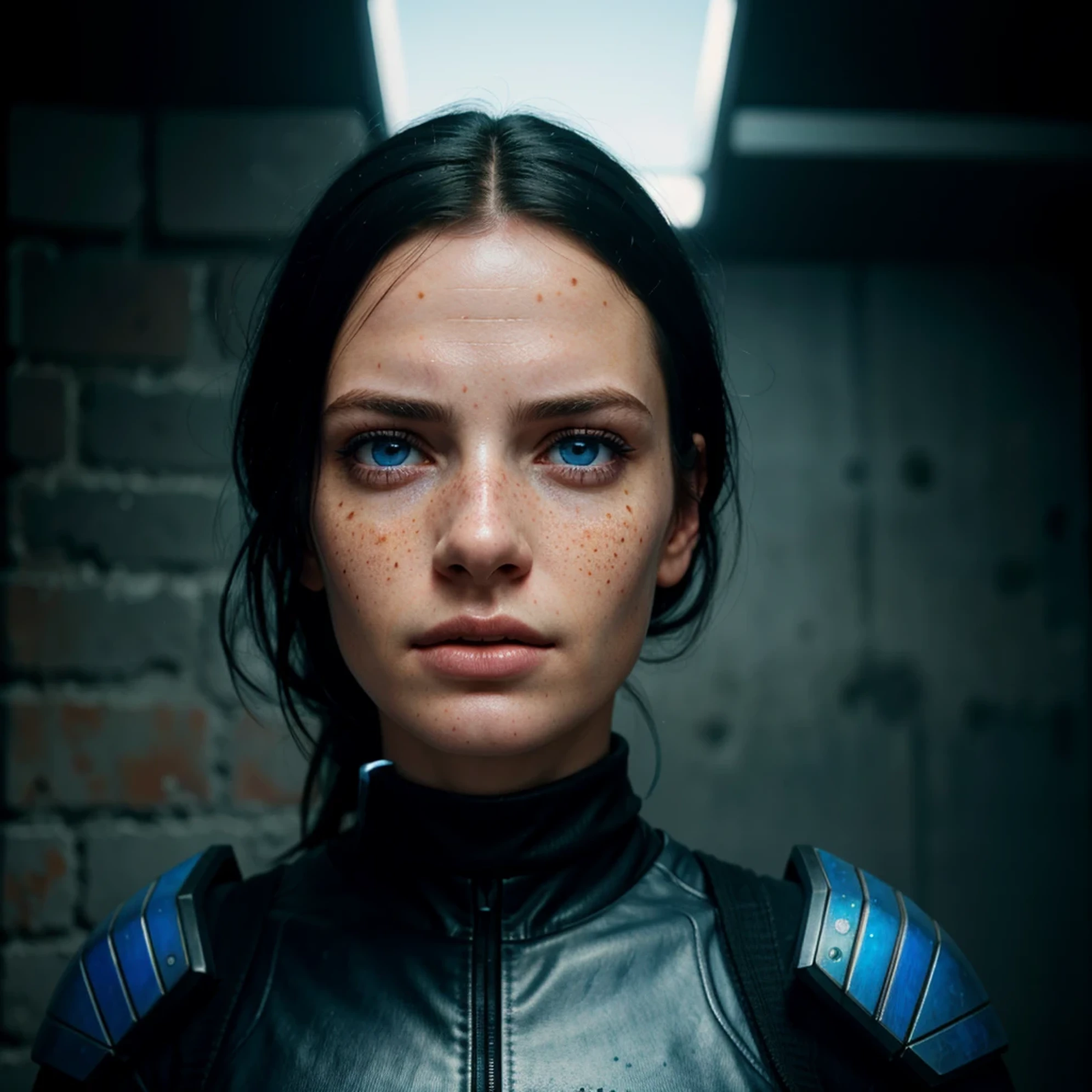 arafed woman with freckles and blue eyes standing in front of a wall, cinematic realistic portrait, 8k portrait render, realistic face moody lighting, cyberpunk art ultrarealistic 8k, hyper-realistic cyberpunk style, soft portrait shot 8 k, 8 k realistic digital art, cyberpunk style ， hyperrealistic, realistic digital art 4k, realistic digital art 4 k