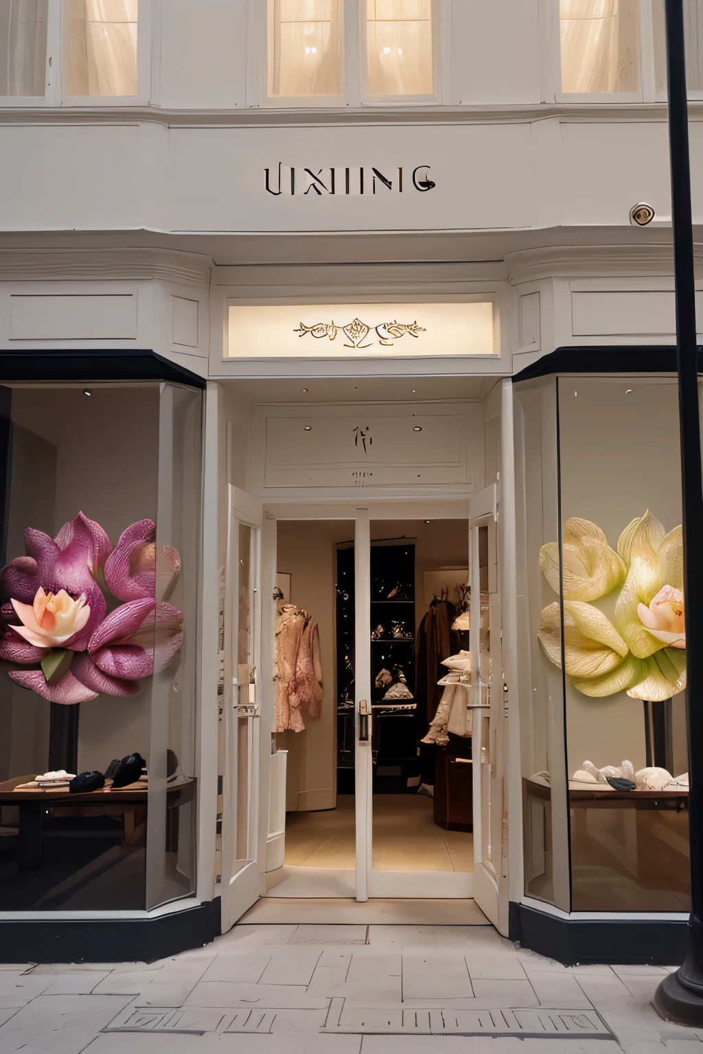 luxury clothing store, made with sustainable lotus flower fiber material, store window, clear and visible colors