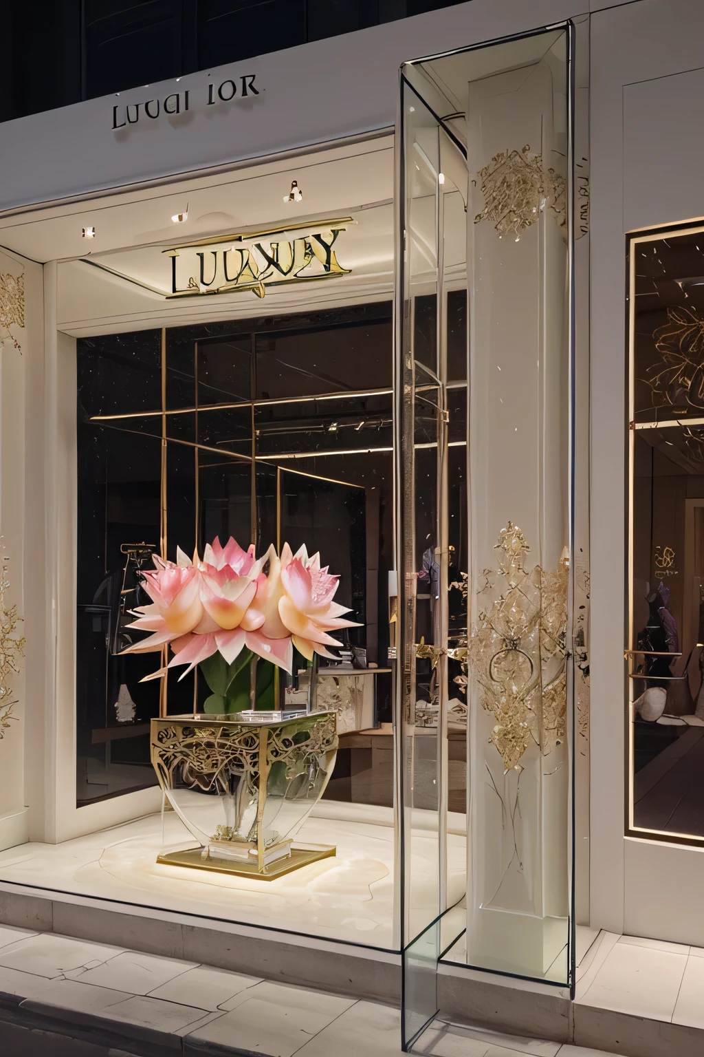 luxury clothing store, made with sustainable lotus flower fiber material, store window, clear and visible colors