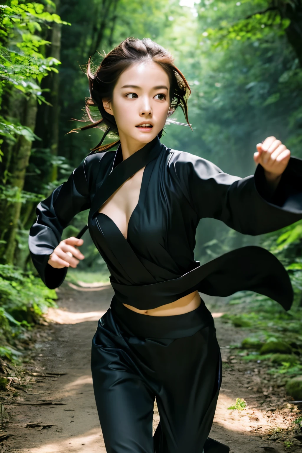 skinny Japanese woman in black Ninja kimono costume running to escape in the dark forest, beautiful face, ((detailed face, detailed eyes)), high quality, high resolution, hyperrealistic photo, a photo capturing a fighting moment, award-winning, masterpiece