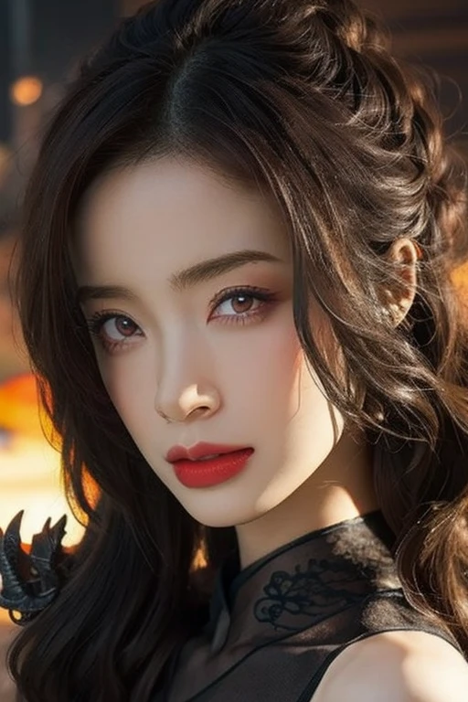 Beautiful woman with red eyes posing for elegant photo with black giant dragon, arpino,Gray Hair,Face to face, Ultra-realistic, Clear images