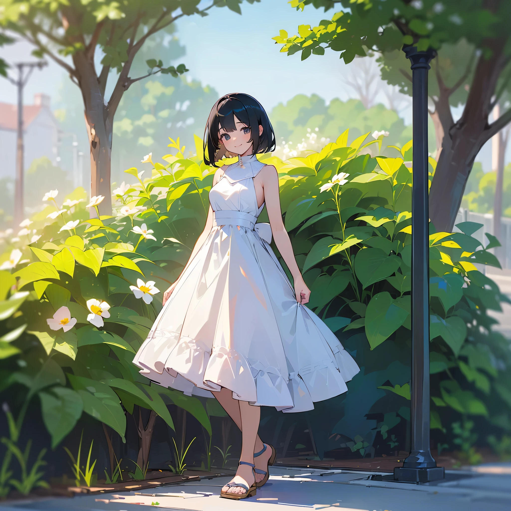 (high quality, High resolution, Very detailed, reality:1.37), Peaceful atmosphere, (Outdoor, garden), teenage girl standing alone, (my breasts are big.), Beautiful detail features, Cute Smile, (Black bob hair), White sleeveless dress, Sandals.