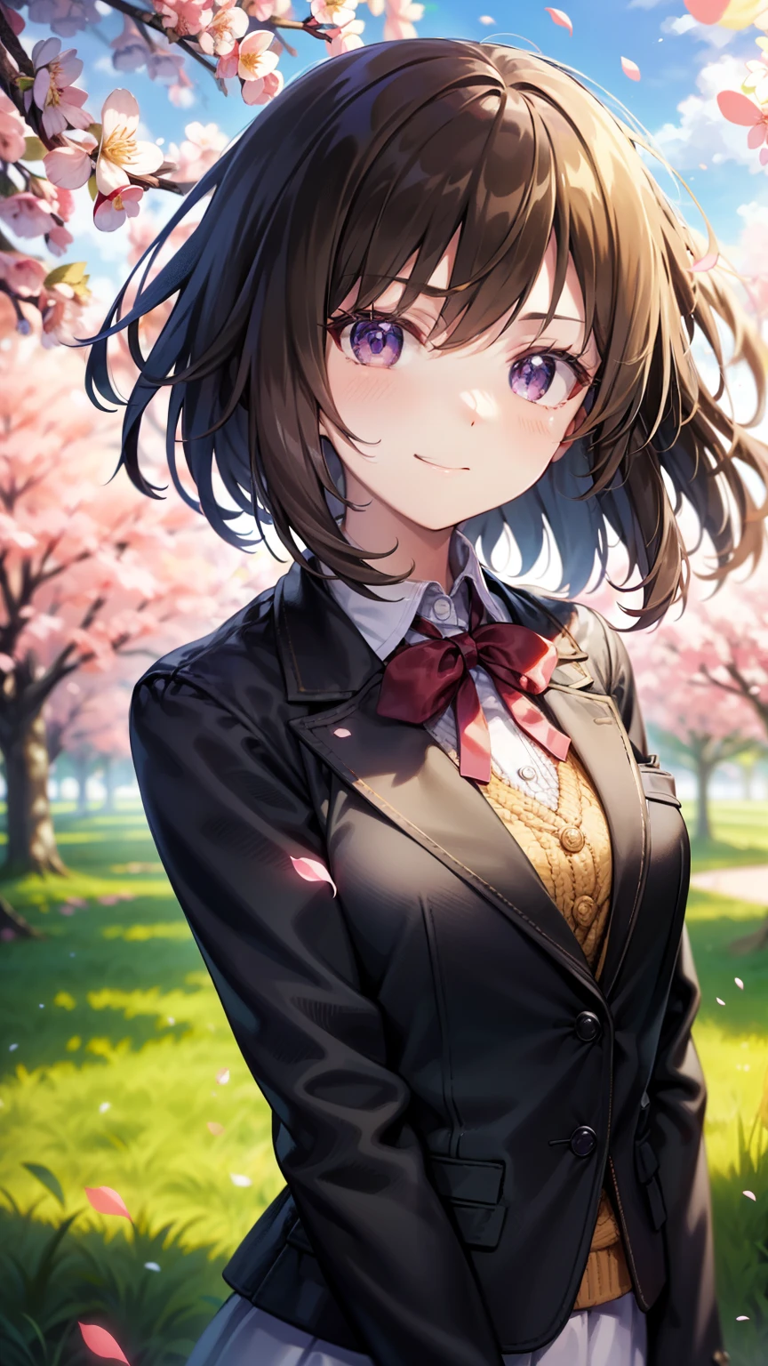 shinkai makoto, kimi no na wa., 1girl, bangs, blond hair, blush, purple eyes, shiny skin, red headband, red bow, red ribbon, collared shirt, white shirt, black blazer, white skirt, short hair, smile, cute, solo, happy, beautiful, looking at the viewer, long sleeves, upper-body, cherry_blossoms, falling_petals, petals, branch, pink_flower, blue_sky, sunlight, spring_season, wind, tree