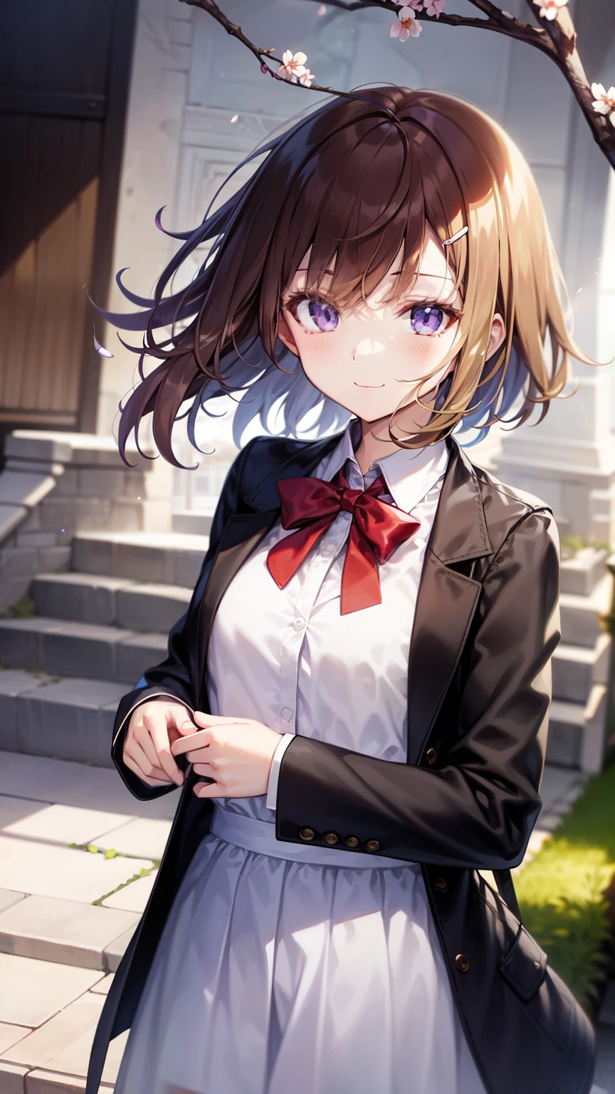 shinkai makoto, kimi no na wa., 1girl, bangs, blond hair, blush, purple eyes, shiny skin, red headband, red bow, red ribbon, collared shirt, white shirt, black blazer, white skirt, short hair, smile, cute, solo, happy, beautiful, looking at the viewer, long sleeves, upper-body, cherry_blossoms, falling_petals, petals, branch, pink_flower, blue_sky, sunlight, spring_season, wind, tree