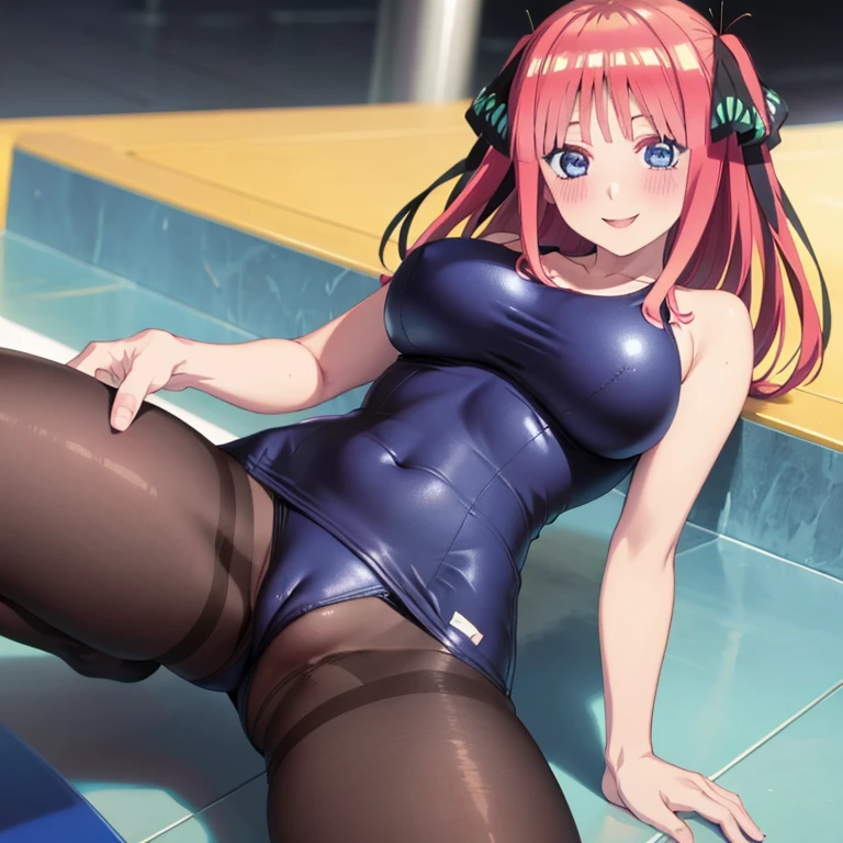 best quality, ultra-detailed masterpiece, anime art style, cute character, nino nakano, large breasts, blush, smile, one-piece swimsuit, pantyhose, pussy focus, open legs