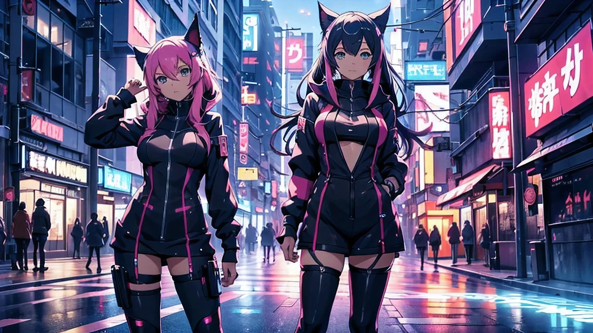 Chicas anime en catsuits posando en una ciudad por la noche., oppai ciberpunk, anime ciberpunk art, anime ciberpunk, arte del anime ciberpunk, digital arte del anime ciberpunk, ciberpunk digital - arte anime, anime ciberpunk moderno, anime ciberpunk digital!!, mejor fondo de pantalla de anime 4k konachan, chica anime cyberpunk femenina, en la ciudad ciberpunk, tendencia en cgstation, mujeres ciberpunk