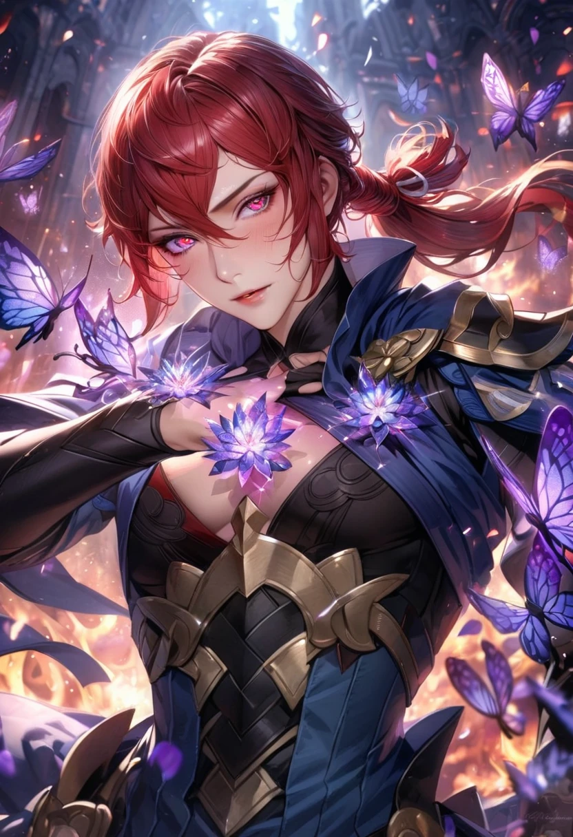 Ultra detailed, Highres, absurdres, HDR, master piece, Subaki, red hair tied in a ponytail, expressive red eyes, Fire Emblem Fates, blue long coat with patterns, purple ice flowers, petals, extremely handsome, sexy man, solo, extremely detailed eyes and face, purple ice, purple ice glittering butterflies, black tight t-shirt, realistic face, glittering, glittering eyes,