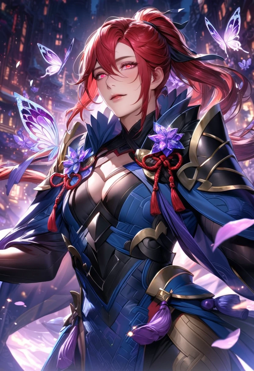 Ultra detailed, Highres, absurdres, HDR, master piece, Subaki, red hair tied in a ponytail, expressive red eyes, Fire Emblem Fates, blue long coat with patterns, purple ice flowers, petals, extremely handsome, sexy man, solo, extremely detailed eyes and face, purple ice, purple ice glittering butterflies, black tight t-shirt, realistic face, glittering, glittering eyes,