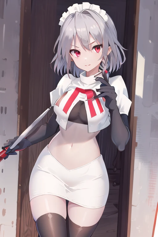 masterpiece, best quality, highres,  1girl, solo, sakuya1, izayoi sakuya, maid headdress, red eyes, grey hair, medium breasts, team rocket,team rocket uniform,white skirt,red letter R,crop top,black thigh-highs,black elbow gloves, holding knife