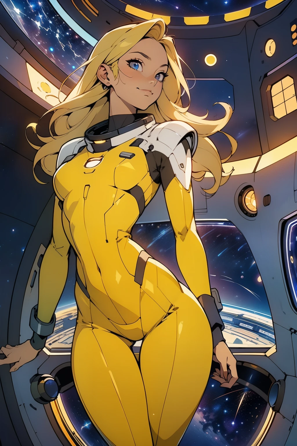 (masterpiece, best quality:1.2), (cowboy shot:1.1), solo, 1girl, mori yuki, slight smile, closed mouth, nearly frontal view, looking at viewer, blonde hair, long hair, thigh gap, yellow bodysuit, skin-tight, perfect body, large window, (starship porthole:1.3), (spread legs:1.0), (standing:1.1), thigh gap, sensual pose, sideview, perfect hands, bright starship interior, (outer space view:1.1), (orbital view:1.3), (night, stary sky:1.5), milky way