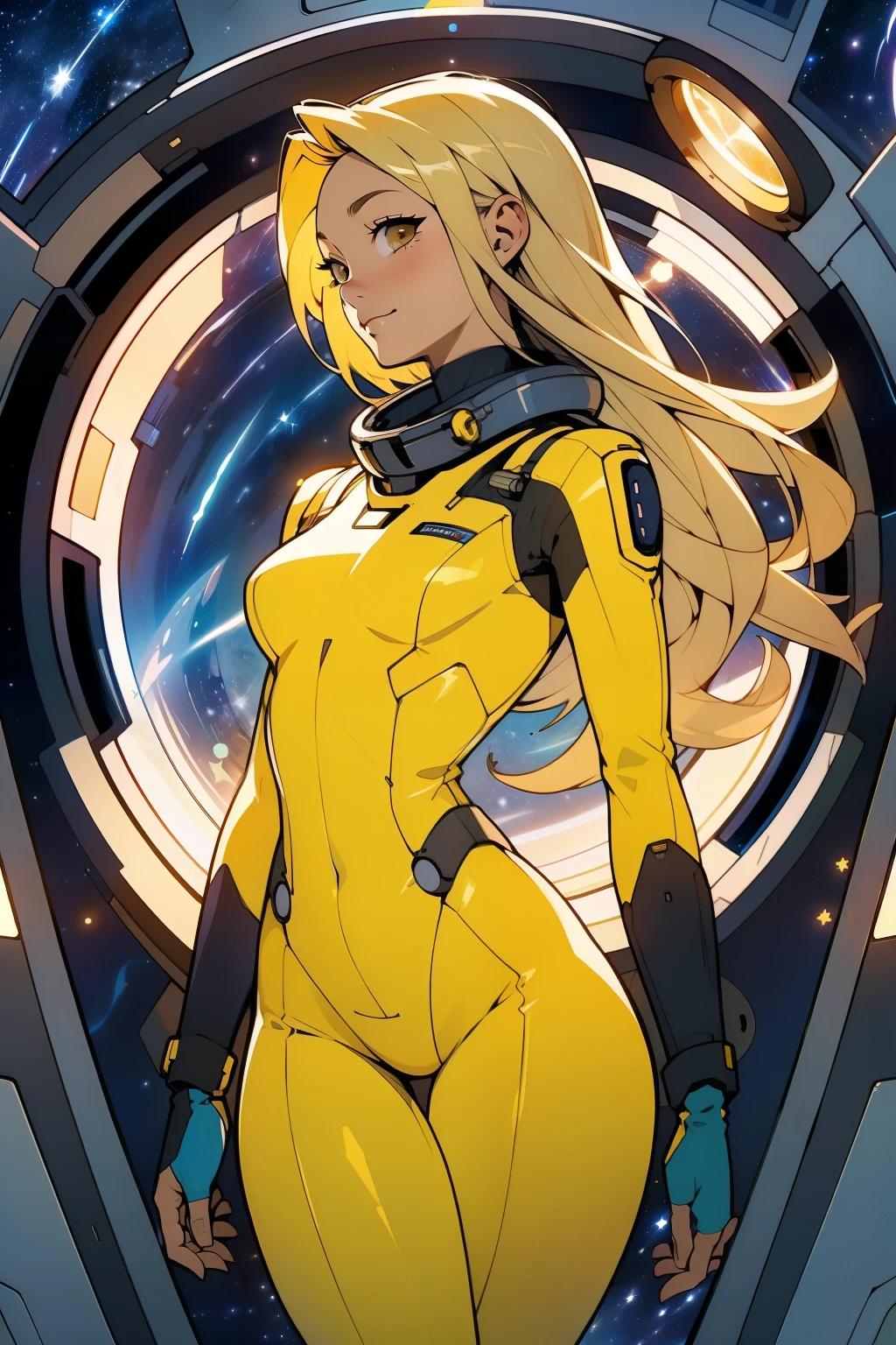 (masterpiece, best quality:1.2), (cowboy shot:1.1), solo, 1girl, mori yuki, slight smile, closed mouth, nearly frontal view, looking at viewer, blonde hair, long hair, thigh gap, yellow bodysuit, skin-tight, perfect body, large window, (starship porthole:1.3), (spread legs:1.0), (standing:1.1), thigh gap, sensual pose, sideview, perfect hands, bright starship interior, (outer space view:1.1), (orbital view:1.3), (night, stary sky:1.5), milky way