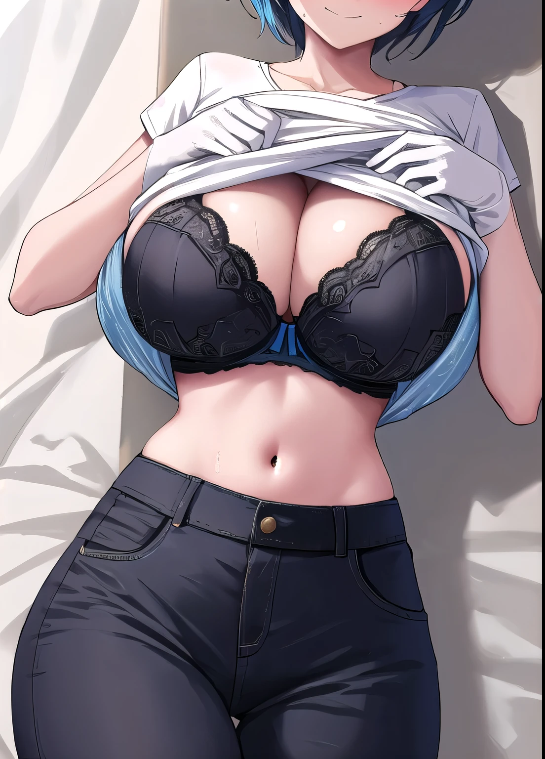 masterpiece,(Very detailed),One girl, oikawa shizuku,school uniforms, blue hair band, Black Gloves, bangs, Black knee socks, bedroom,Dimly lit room,(huge breast:1.4),(round breast:1.4), full bust,busty ,((Skinny Body)),(slender stomach:1.4),(thin_Waist:1.6),athletic stomach,delicate,thin手足,(slender) ,breath,sweat,wet,smirk,nose blush, panties,breast close-up,
BREAK, glaring,happy,joy,Puzzled,Estrus,frustrated,(clothed bra:1.2),((show off bra)),((shirt lift),(clothed bra:1.3)
