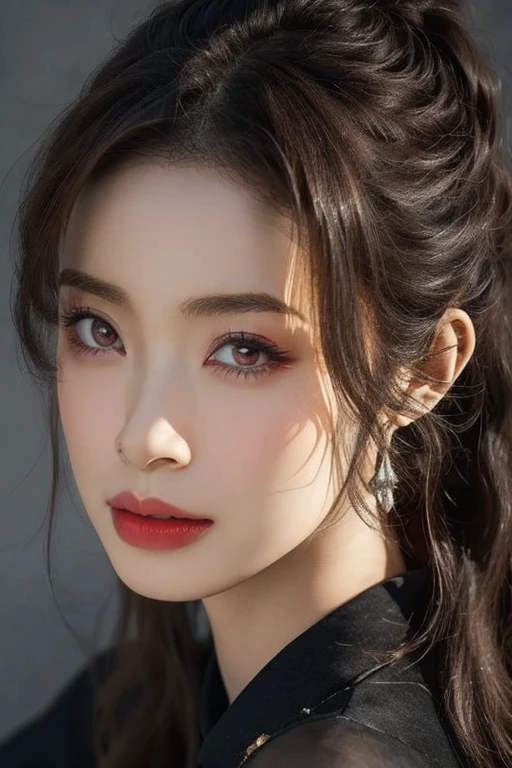 Beautiful woman with red eyes posing for elegant photo with black giant dragon, arpino,Gray Hair,Face to face, Ultra-realistic, Clear images