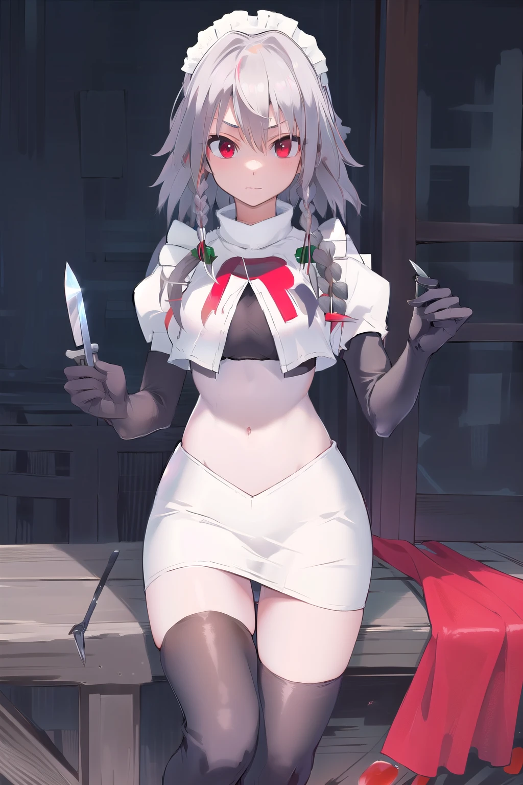 masterpiece, best quality, highres, 1girl, solo, sakuya1, izayoi sakuya, maid headdress, red eyes, grey hair, medium breasts, team rocket,team rocket uniform,white skirt,red letter R,crop top,black thigh-highs,black elbow gloves, holding knife