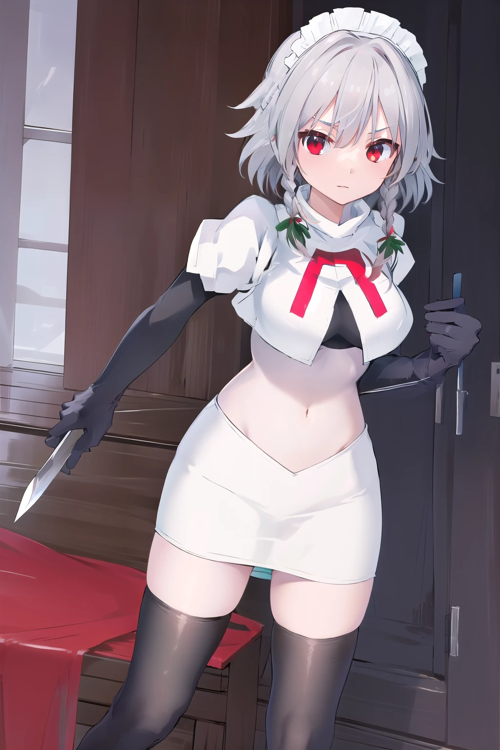 masterpiece, best quality, highres, 1girl, solo, sakuya1, izayoi sakuya, maid headdress, red eyes, grey hair, medium breasts, team rocket,team rocket uniform,white skirt,red letter R,crop top,black thigh-highs,black elbow gloves, holding knife