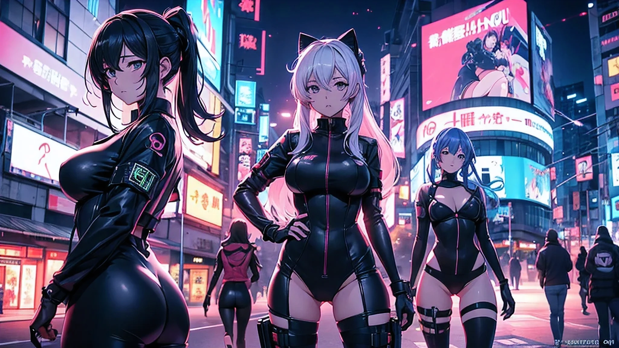 Chicas anime en catsuits posando en una ciudad por la noche., oppai ciberpunk, anime ciberpunk art, anime ciberpunk, arte del anime ciberpunk, digital arte del anime ciberpunk, ciberpunk digital - arte anime, anime ciberpunk moderno, anime ciberpunk digital!!, mejor fondo de pantalla de anime 4k konachan, chica anime cyberpunk femenina, en la ciudad ciberpunk, tendencia en cgstation, mujeres ciberpunk