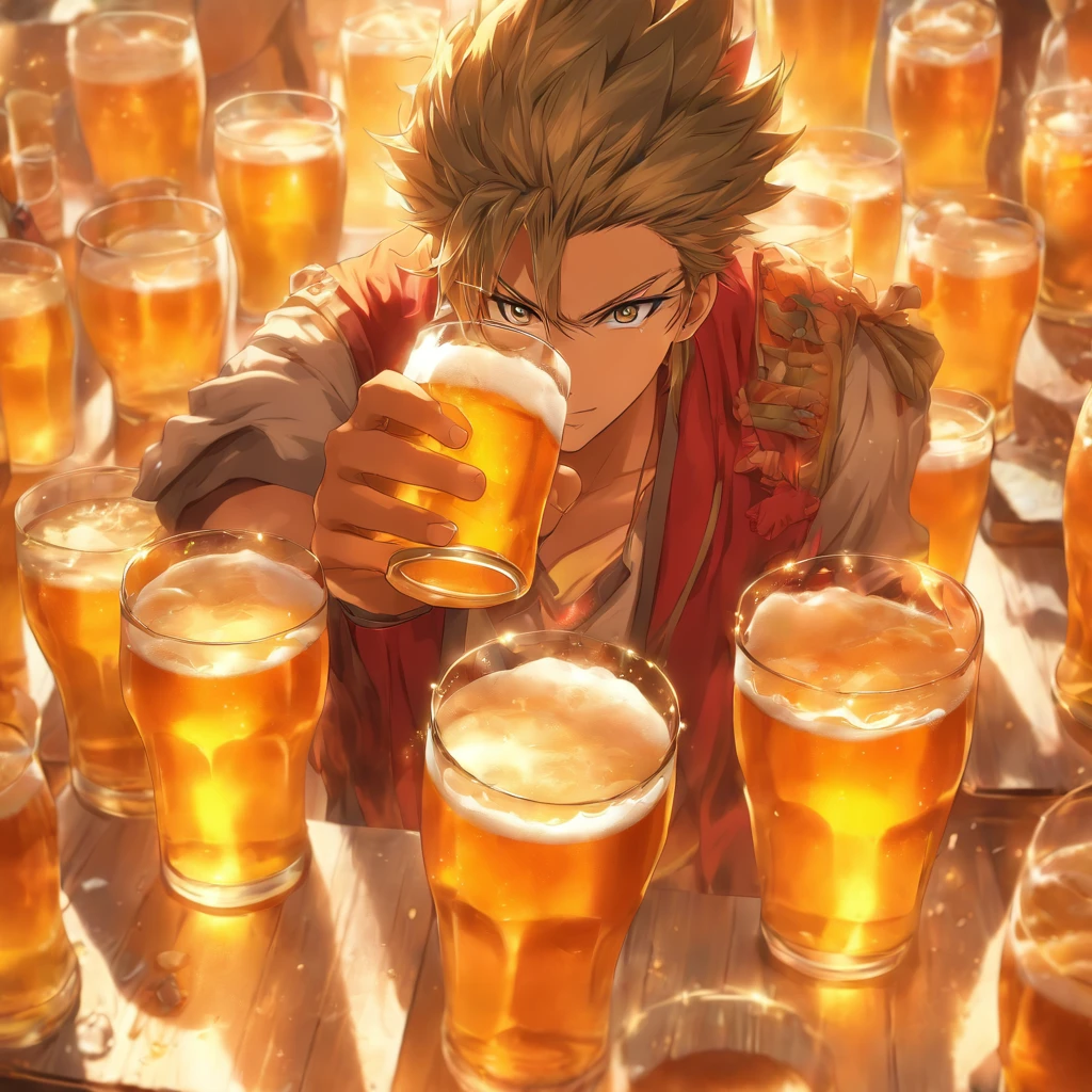 a picture of a hazy beer, beer splashing in the elegant cream color background like in a commercial, everything in focus