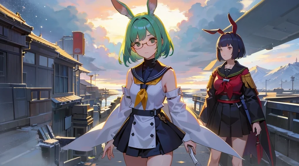 neat figure, (((3 girl))), teenage girl, very short hair, Air bangs, deep green hair, extremely beautiful detailed anime face and eyes, ^ ^, highly detailed skin, rabbit ears, Round rabbit tail, Black glasses without a frame on top, gun, sailor dress, Long sleeve, white skirt, black background Clothes, Japanese style architecture, space, outdoors, luminous particles, Very detailed CG unified 8k wallpaper, very fine 8KCG wallpaper, hyper quality,