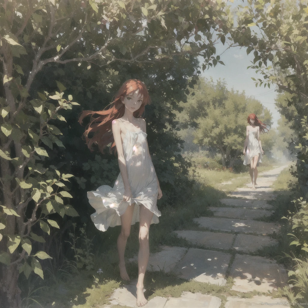 Beautiful slender thin exquisite (nude) girl s old with a perfect face of the southern type with red hair with delicate beautiful expressive breasts with tender nipples barefoot with bare hips ((with red pubic hairs)) (((in a green light summer short sundress on a naked body))) (we are panties) walks along a brick road in the middle of a flowering field, in a gentle watercolor style, Discreet shades, sfumato, haze, diffused dim light, delicate mint shades, imitation of film photography, (olive and grape groves, Brick Road), (High image quality, Maximum detail)