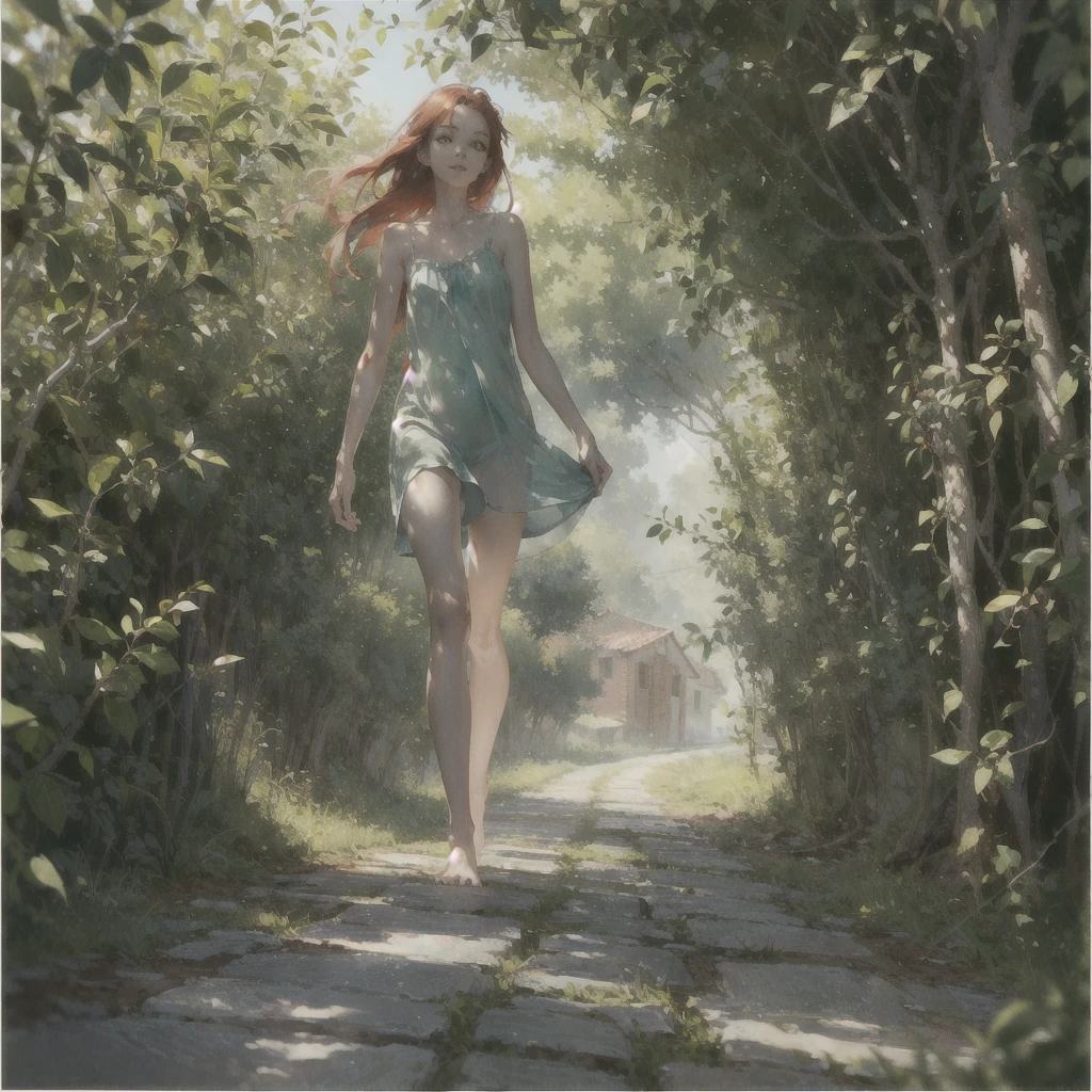 Beautiful slender thin exquisite (nude) girl 16 years old with a perfect face of the southern type with red hair with delicate beautiful expressive breasts with tender nipples barefoot with bare hips ((with red pubic hairs)) (((in a green light summer short sundress on a naked body))) (we are panties) walks along a brick road in the middle of a flowering field, in a gentle watercolor style, Discreet shades, sfumato, haze, diffused dim light, delicate mint shades, imitation of film photography, (olive and grape groves, Brick Road), (High image quality, Maximum detail)