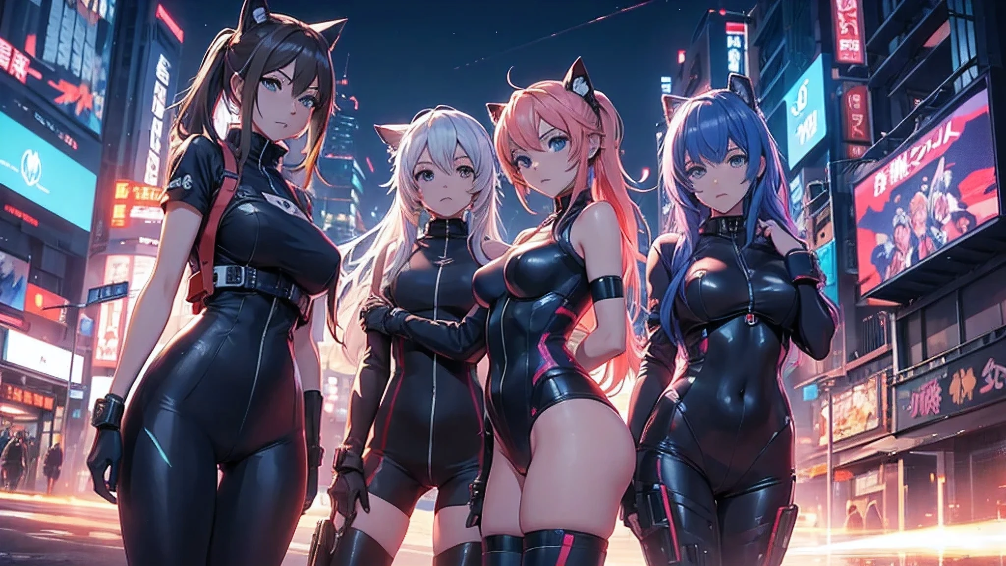 Chicas anime en catsuits posando en una ciudad por la noche., oppai ciberpunk, anime ciberpunk art, anime ciberpunk, arte del anime ciberpunk, digital arte del anime ciberpunk, ciberpunk digital - arte anime, anime ciberpunk moderno, anime ciberpunk digital!!, mejor fondo de pantalla de anime 4k konachan, chica anime cyberpunk femenina, en la ciudad ciberpunk, tendencia en cgstation, mujeres ciberpunk