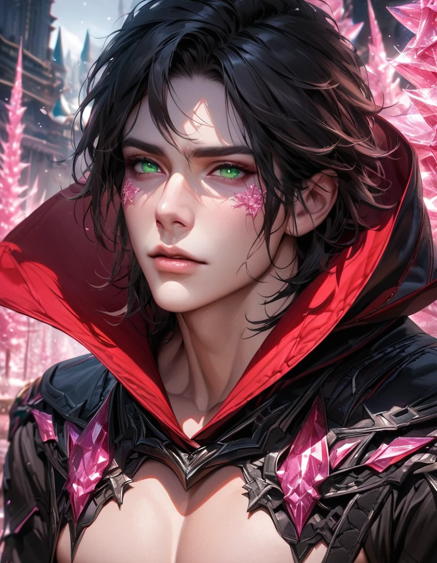 absurdres, highres, ultra detailed, HDR, masterpiece, extremely detailed face and eyes, realistic face, Machina Kunagiri, black short hair, with bangs, expressive green eyes, Final Fantasy Agito, solo, sexy man, handsome, long black jacket, red cloak, pink ice trees, pink ice flowers, pink ice butterflies