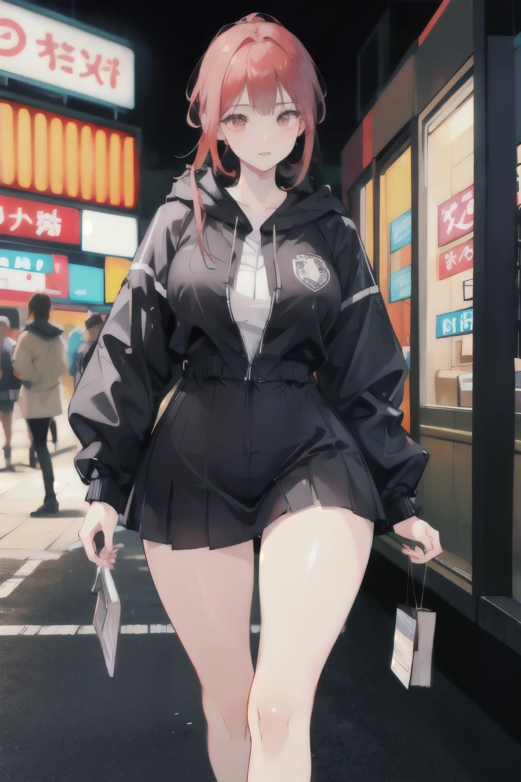 a scared and embarrassed redheaded woman, hair in a ponytail, her bright eyes super detailed, full lips painted red, chiseled physique and wide hips. She wears a closed black leather jumpsuit, whose shiny surface accentuates her shape. A windbreaker with a hood and a neon pink interior covers your shoulders and a pleased skirt. Walking down a busy street, she attracts glances from onlookers. This image exudes realism, capturing the essence of a fragile and embarrassed figure. Digital art, high definition and photorealistic technique, vivid colors