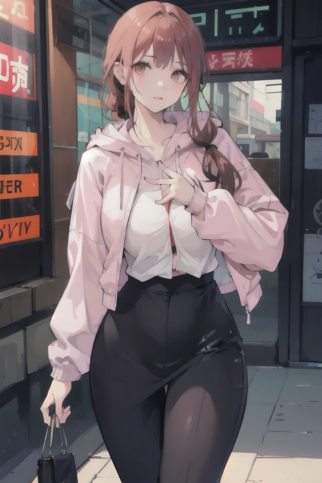 a scared and embarrassed redheaded woman, hair in a ponytail, her bright eyes super detailed, full lips painted red, chiseled physique and wide hips. She wears a closed black leather jumpsuit, whose shiny surface accentuates her shape. A windbreaker with a hood and a neon pink interior covers your shoulders and a pleased skirt. Walking down a busy street, she attracts glances from onlookers. This image exudes realism, capturing the essence of a fragile and embarrassed figure. Digital art, high definition and photorealistic technique, vivid colors