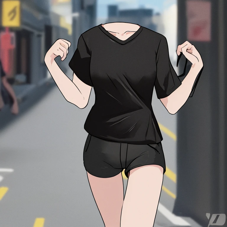 Headless girl in black T-shirt and black shorts walks down the street 