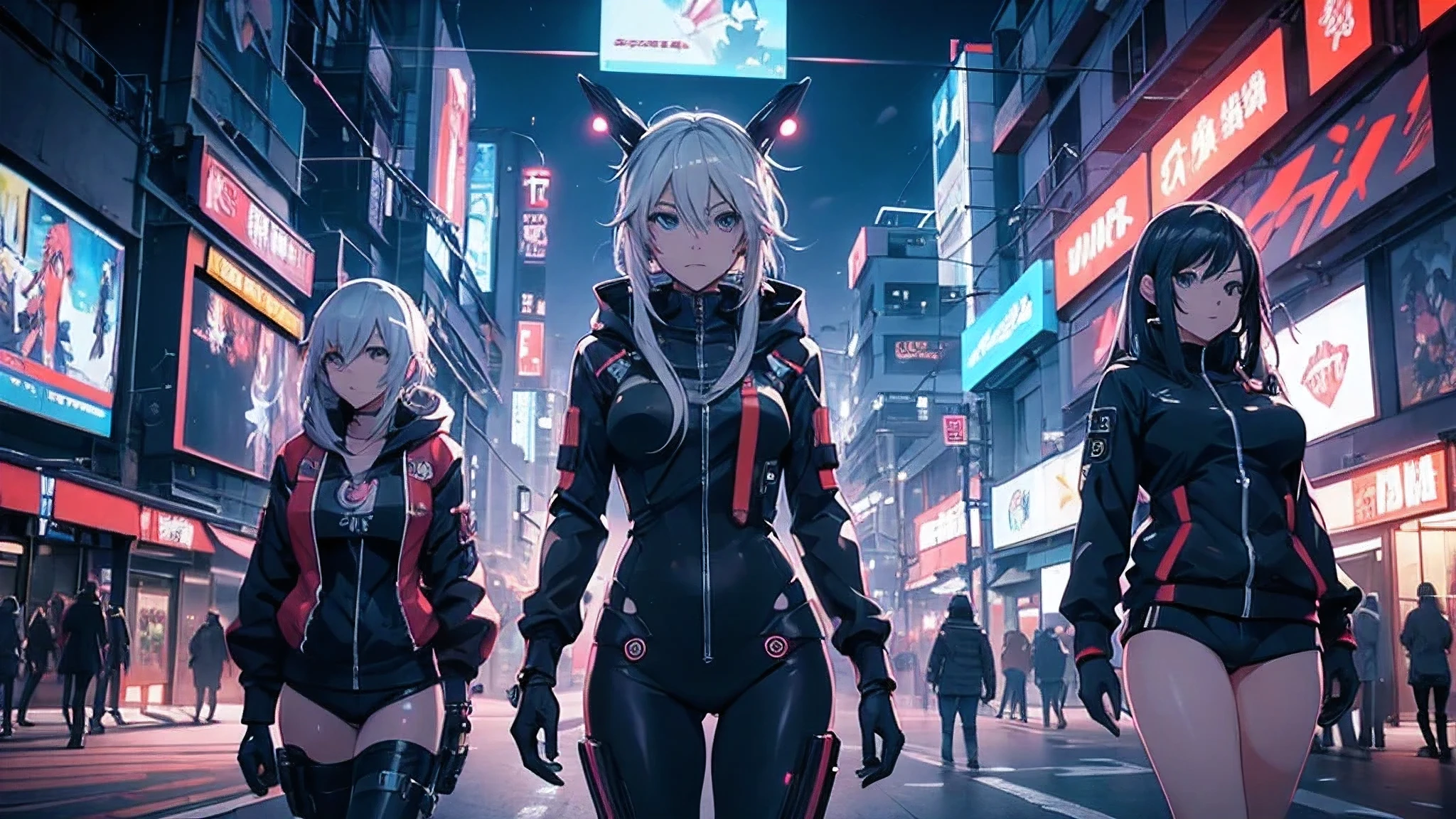 Chicas anime en catsuits posando en una ciudad por la noche., oppai ciberpunk, anime ciberpunk art, anime ciberpunk, arte del anime ciberpunk, digital arte del anime ciberpunk, ciberpunk digital - arte anime, anime ciberpunk moderno, anime ciberpunk digital!!, mejor fondo de pantalla de anime 4k konachan, chica anime cyberpunk femenina, en la ciudad ciberpunk, tendencia en cgstation, mujeres ciberpunk