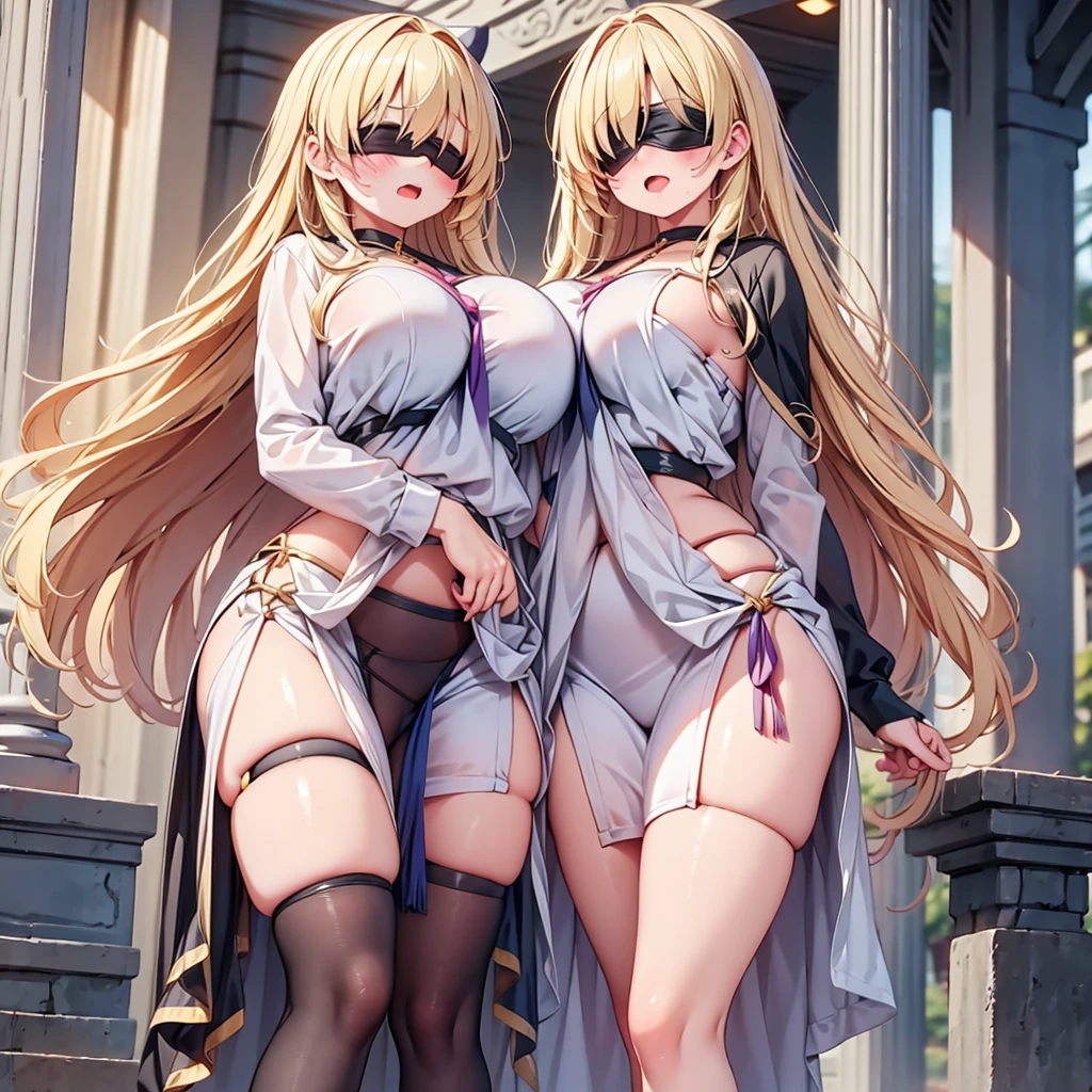 highest quality,wonderful,finely,extremely detailed CG Unity 8K wallpaper, (Stand in line:1.2), (3 girls, blonde, clothed), (huge breasts:1.2), (open mouth:1.1), (long tongue:1.1), (mouth drool:1.1), (black stockings:1.1),(Thighs:1.2),(Waistline:1.2),(black blindfold, blindfold:1.5)