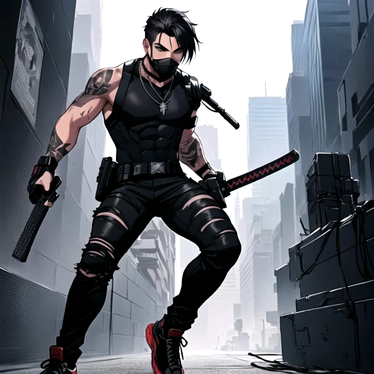 Black Snake, ((best quality)),((Masterpiece)),(detailed), perfect face, ((male,)) ((men,))
((black hair,)) ((black eyes,)) ((tattooed arm,)) ((ripped jeans,)) ((all stars shoes,)) ((cyberpunk,))
((black warrior suit,)) (( katana sword)) ((face mask,)) ((black pants,)) ((necklace,))
((grey Military belts,)) ((firegun,)) (( sneakers,)) future armor, asiatic, ((grey belts,))
((Tactical Chest Rigs,))
((solo,))