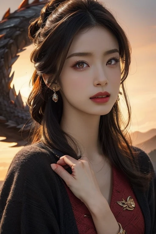 Beautiful woman with red eyes posing for elegant photo with black giant dragon, arpino,Gray Hair,Face to face, Ultra-realistic, Clear images