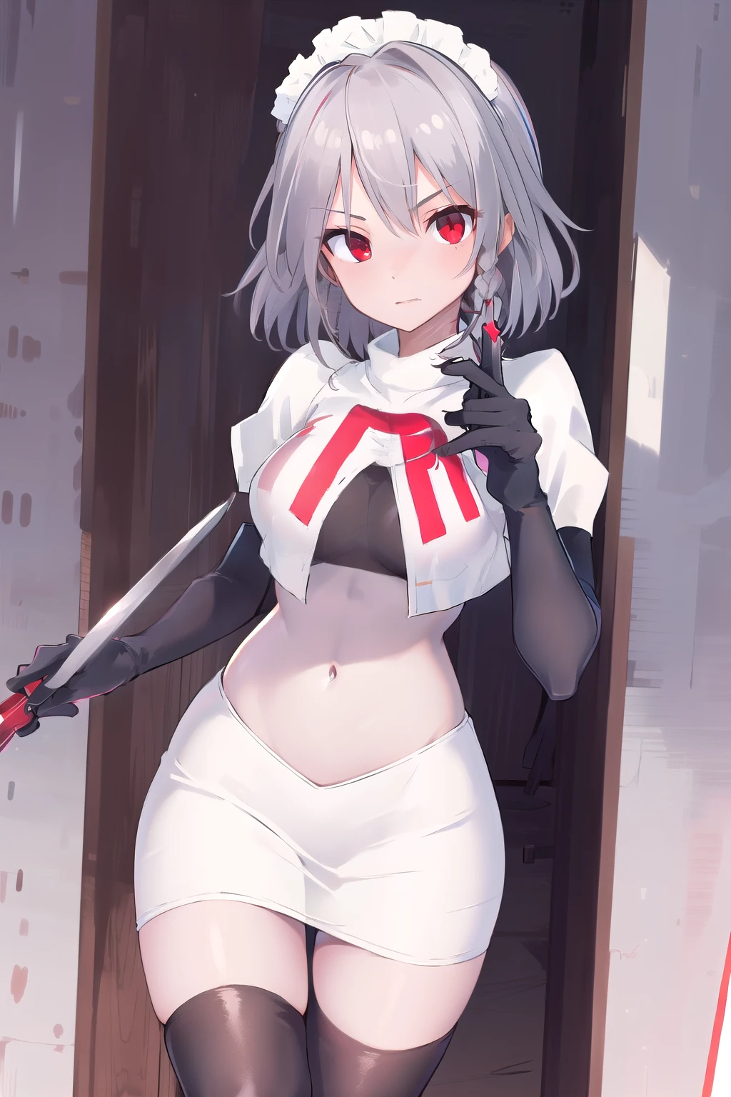 masterpiece, best quality, highres, 1girl, solo, sakuya1, izayoi sakuya, maid headdress, red eyes, grey hair, medium breasts, team rocket,team rocket uniform,white skirt,red letter R,crop top,black thigh-highs,black elbow gloves, holding knife
