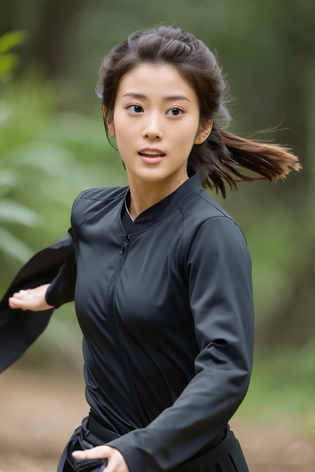 skinny Japanese woman in black Ninja kimono costume running to escape in the dark forest, beautiful face, ((detailed face, detailed eyes)), high quality, high resolution, hyperrealistic photo, a photo capturing a fighting moment, award-winning, masterpiece