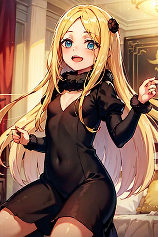 petite, cute, flat, ojou-sama, long blond hair, hair slicked back, forehead, blue eyes, smug, thick thighs, black dress, black garter straps, lace-trimmed legwear and gloves, pussy, naughty face, heavy breathing, seductive smile, glasses, dancing, ballroom