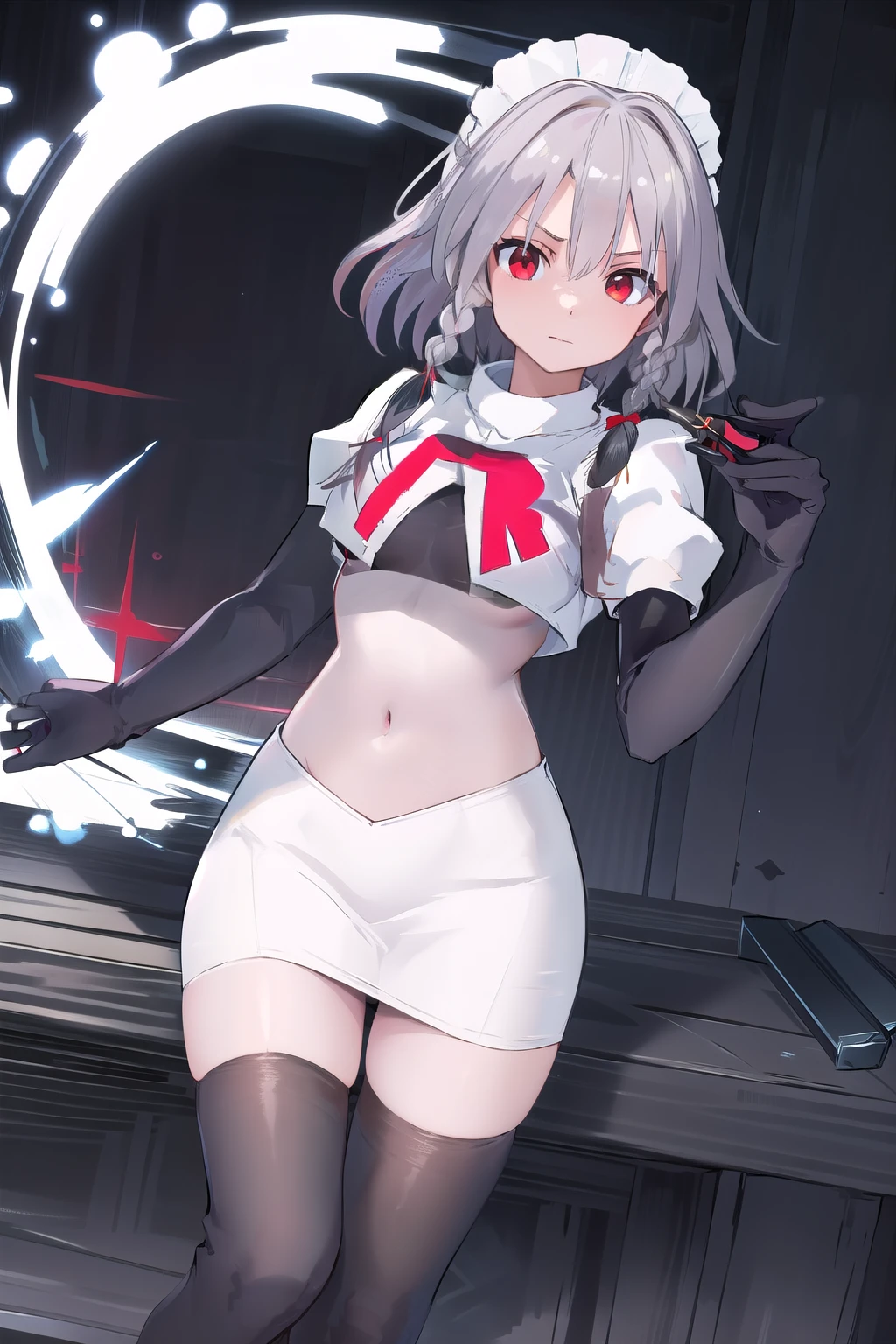 masterpiece, best quality, highres, 1girl, solo, sakuya1, izayoi sakuya, maid headdress, red eyes, grey hair, medium breasts, team rocket,team rocket uniform,white skirt,red letter R,crop top,black thigh-highs,black elbow gloves, holding knife